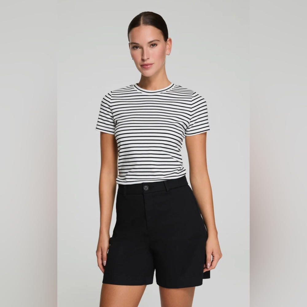 SPANX Black and White Striped Short Sleeve Tee